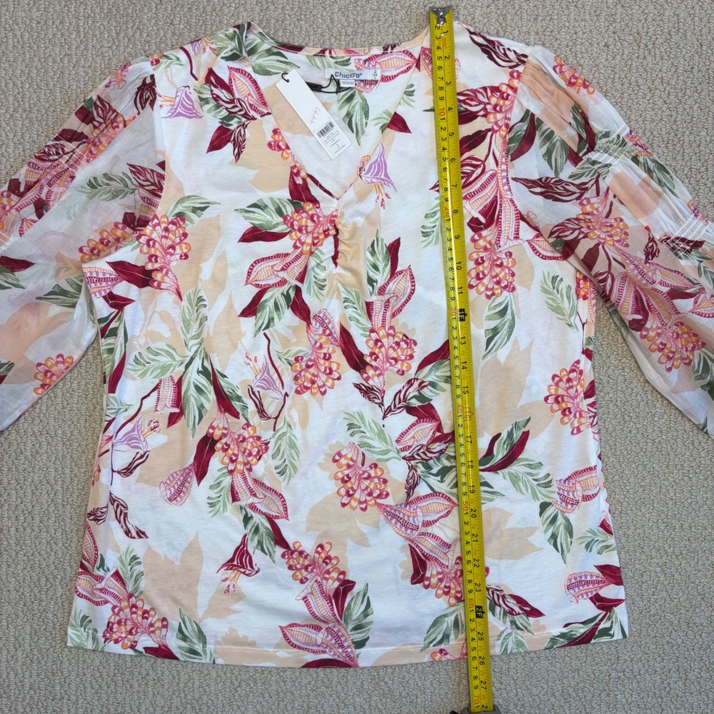 Chicos Pima Cotton Floral Smocked Long Sleeve Tee Size 2 Large Ecru Pink NWT - Picture 6 of 16